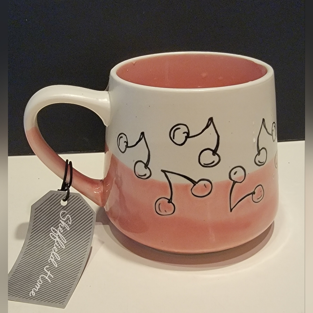 Sheffield Home Hand Painted Pink &White Wide Bottom Mug w/ Cherries 16 Oz New